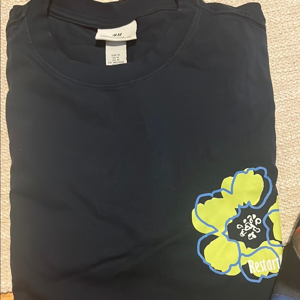 H&M Dark Blue Tee with Bright Yellow Floral Print